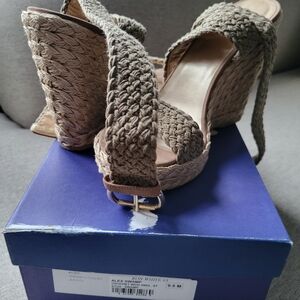 Stuart Weitzman Tan Woven Wedge Sandals